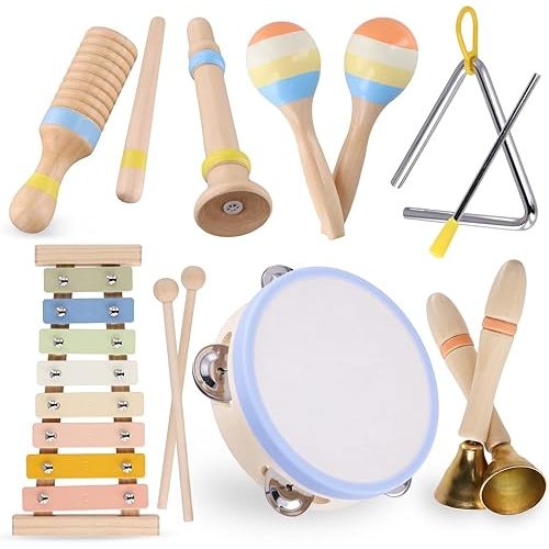 Montessori Wooden Musical Instruments for Toddlers 1-3, Baby Music Toy Set with Xylophone, Tambourine, Triangle, Clarinet, Maracas, Natural Sensory Educational Toys for Boys and Girls