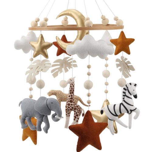 Safari Mobile for Crib - A Handmade Gender Neutral Safari Crib Mobile with Gold Stars and Clouds for a Jungle Theme Nursery