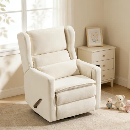 Rocking Chair Nursery with Adjustable Headrest,Comfy Swivel Rocker Recliner with Lumbar Support, Manual Nursery Chair Rocker Recliner with Cup Holder and Side Pockets, White