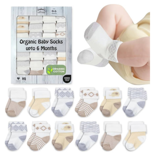 Mother's Choice Organic Cotton Baby Socks, 12 Pairs, Unisex 0-6 Months - Soft, Hypoallergenic Newborn & Infant Socks - Baby Girl & Boy Gifts, (12Pcs, Brown)
