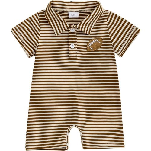 Karuedoo Newborn Baby Boy Football Outfit Embroidery Stripe Button Down Collared Shirt Romper Short Sleeve Jumpsuit Bodysuit