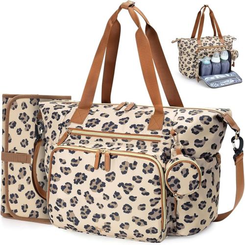 Diaper Bag Tote, Large Baby Diaper Bags for Travel, Hospital Bag for Labor Delivery with Pacifier Case, Changing Pad, Shoulder Strap, Leopard Print
