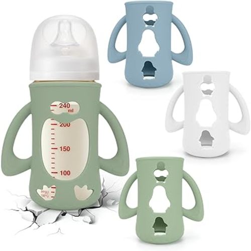 BUSOHA 3 Pack Silicone Sleeves for Pigeon Bottle - Baby Bottles Sleeves Compatible with Pigeon Glass Bottles Anti Breakage Baby Bottle Holder with Handle(White+Blue+Green,8.1 OZ)