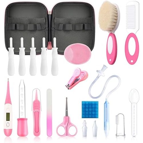 Baby Healthcare and Grooming Kit, 21 in 1 Portable Baby Essentials Kit with Gas Relief Hair Brush Comb Nasal Aspirator for Newborn Boys Girls (Pink)