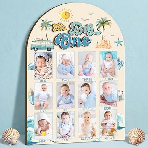 R HORSE My First Year Photo Display Wood Board - Baby’s First Year Picture Frame, 12 Months Milestone Board, 3D Summer Beach Neutral Baby Keepsake Gift One Year Old Birthday Nursery Decor for Girl Boy