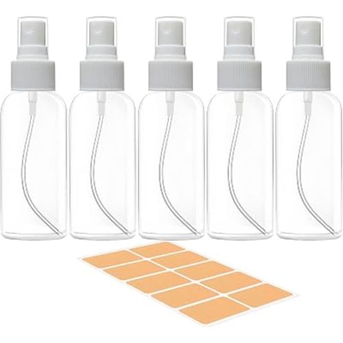 DNSEN 5 Pack 3.4 oz Travel Spray Bottles TSA Approved Fine Mist Travel Size Spray Bottle for Liquids Refillable Empty Clear Plastic Bottles with Labels