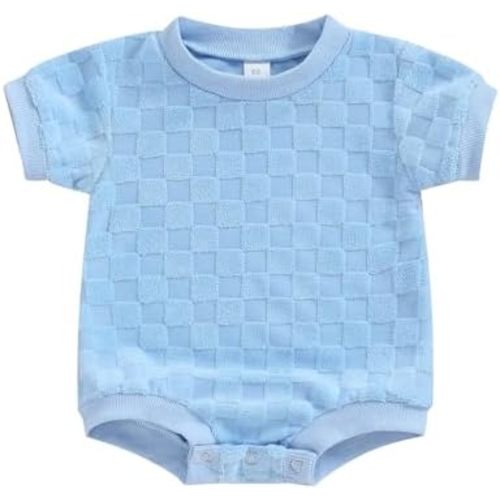 Newborn Baby Boys Girls Bubble Romper Cute Short Sleeve Crew Neck Checkerboard Bodysuit Infant Summer Playsuit