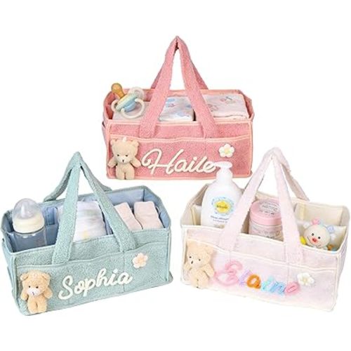 Free Personalized Baby Diaper Caddy, Custom Baby Shower Stylish Gift Basket w/ Bear, Customized Foldable Diaper Bag Tote Storage for Boy & Girls, Newborn essentials for Nursery Changing Table