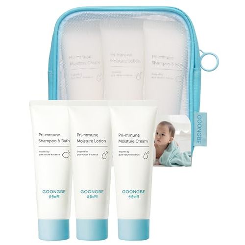 GOONGBE Baby Skincare Travel Set - Korean Baby Skincare & Bath Time Essentials - Shampoo & Bath, Moisutre Lotion, Cream - Hydrating & Nourishing, 3 Items