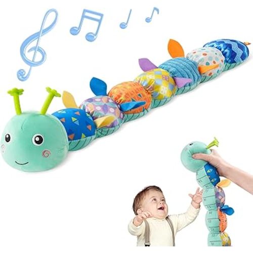 Sumobaby Baby Toys Musical Caterpillar, Stuffed Animal Activity Soft Toys with Teether,Multi-Sensory Crinkle, Rattle and Textures, for Tummy Time Baby Toys 0 to 12 Months Boys,Girls,Caterpillar(Blue)