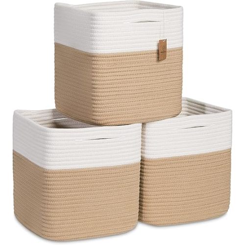 NaturalCozy Storage Cubes 11 Inch Cotton Rope Woven Baskets for Organizing, 3-Pack | Cube Storage Bin | Square Storage Baskets for Shelves Organizer, Classroom, Kids Toy Bins, Closet, Baby Nursery