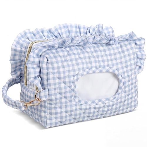 Aliceset Light Blue Ruffle Gingham Diaper and Wipe Pouch Quilted Baby Dispenser Holder Diaper and Tissue Bag Purse Portable Travel Hanging Wet Wipes Bag Diapering Clutch for Car Stroller