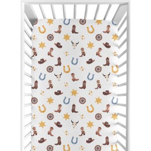 Sweet Jojo Designs Boy Baby Fitted Crib Sheet Wild West Cowboy Blue, Brown and Yellow