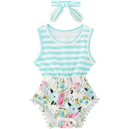 UNICOMIDEA 0-24 Months Baby Floral Romper Infant Playsuits Headband Jumpsuit Toddlers Outfits