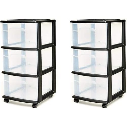 HOMZ 2-Pack Drawer Tower, 3-Tier Clear Plastic Storage Organizer Cart, Black Frame - Organizing Containers with Wheels for Home, Bathroom, Bedroom, Office, and Classroom