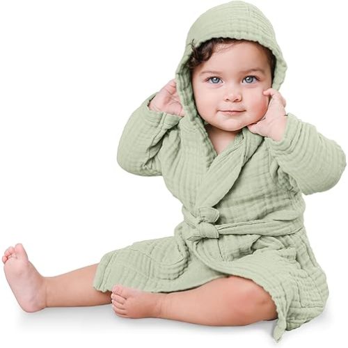 Comfy Cubs Muslin Bath Robe for Kids - 100% Cotton, 4-Layer Absorbent Muslin Fabric - Hooded with Pockets and Belted