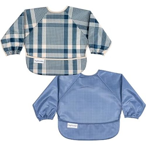 Tiny Twinkle Long Sleeve Bib for Babies & Toddlers | 2-Pack Waterproof Smock Bib for Eating | Machine Washable & Mess-Proof Feeding Essentials | Newborn Shower Gift (Gingham Grid, 6-24M)