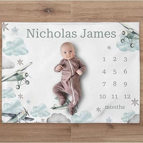 Airplane Milestone Blanket Personalized Baby Boy Month Blanket Aviation Nursery Custom Age Growth Newborn Tracker New Mom HHQ63_BLKBB01_1