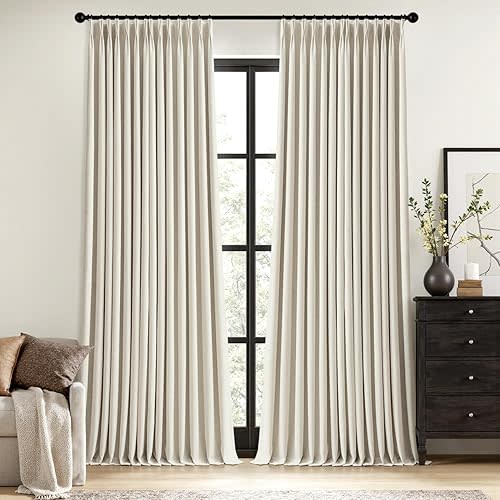 MIULEE Linen Pinch Pleated 100% Blackout Linen Curtains 90 Inch Length 2 Panels Set, Black Out Memory Trained Pleat Curtains Light Blocking Room Darkening Drapes for Bedroom Living Room Window