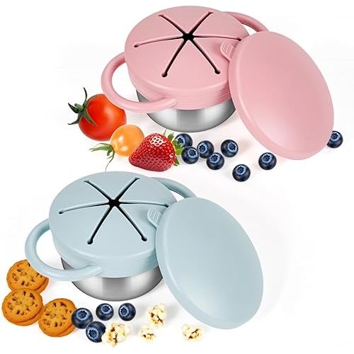 2 Pack Snack Cups for Toddler - 9 OZ Stainless Steel Spill-Proof Baby Snack Containers with Silicone Catcher and Lid, Travel Snack Containers for Kids Baby, Dishwasher Safe, BPA Free