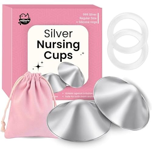 The Original Nestopia Silver Nursing Cups - Nipple Shields for Breastfeeding Newborn - Protect and Soothe Nipples - 999 Silver - Regular Size