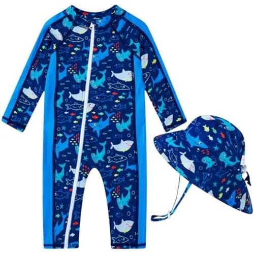 Funnycokid Baby Boy Swimsuit Zipper Infant Bathing Suits One Piece Rash Guard Swimwear with Hat