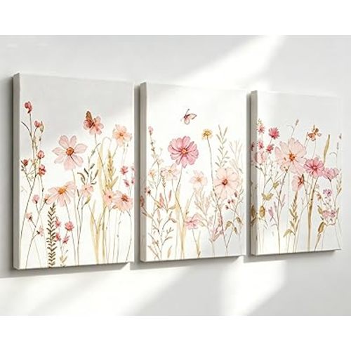 MTFBWY Pink Wildflower Floral Canvas Wall Art for Nursery Decor, Watercolor Flower Pictures for Girls Bedroom, Set of 3 Calming Aesthetic Prints, 12x16 Inch