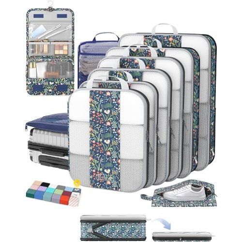 OlarHike 10 Set Compression Packing Cubes for Travel Essentials,Compressible Expandable Space Saver Bags for Organizing Clothes,Luggage Garment Bags with Over 1000 pcs Mesh Holes(Dark Blue Floral)