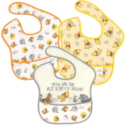 Bumkins Disney Bibs for Girl or Boy, SuperBib Baby and Toddler 6-24 Months, Essential Must Have for Eating, Feeding, Baby Led Weaning, Mess Saving Waterproof Soft Fabric, 3-pk Pooh Bear and Friends