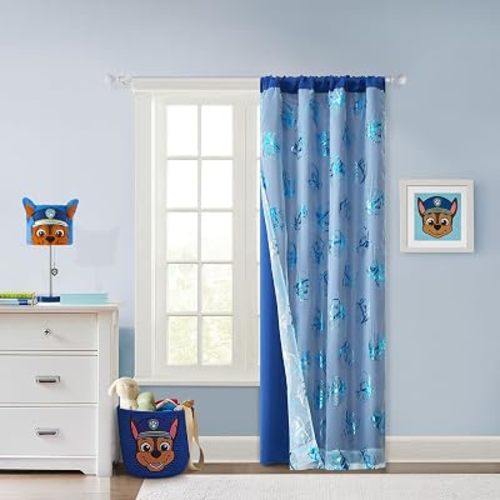 Paw Patrol 2 Piece Sheer Overlay Window Panel Set 63” x 38” Curtain with Chase, Marshall and Rubble, One Blackout Panel & One Decorative Sheer, Kids Bedroom Window Curtains, Rod Pocket Top