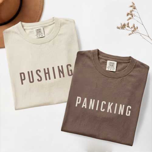 Pushing & Panicking Couple Shirts, Funny Labor Delivery Matching Tees, Minimalist New Parent Hospital Shirt Set for Mom Dad