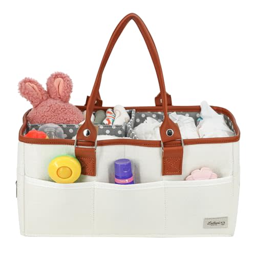 Diaper Caddy Organizer, Large Portable Nursery Storage Basket with Removable Dividers, Leather Handles, Multiple Pockets for Baby Essentials and Car Travel