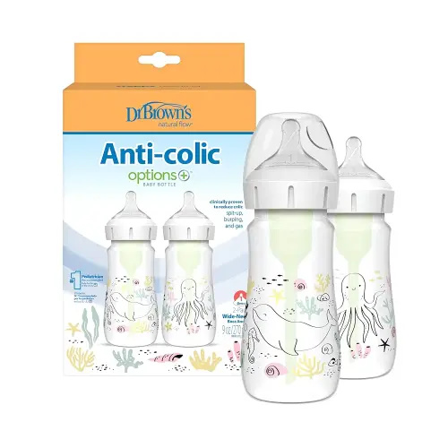 Dr. Brown’s Natural Flow Anti-Colic Options+ Wide-Neck Baby Bottle Designer Edition Bottles, Ocean Decos, 9 oz/270 mL, Level 1 Nipple, 2-Pack, 0m+