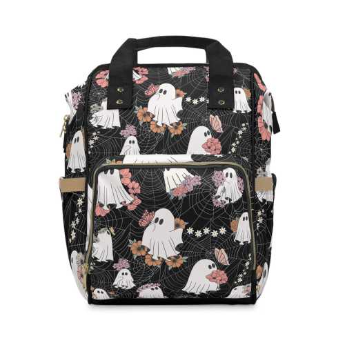 Spooky Ghost Floral Print Diaper Backpack, Halloween Baby Bag