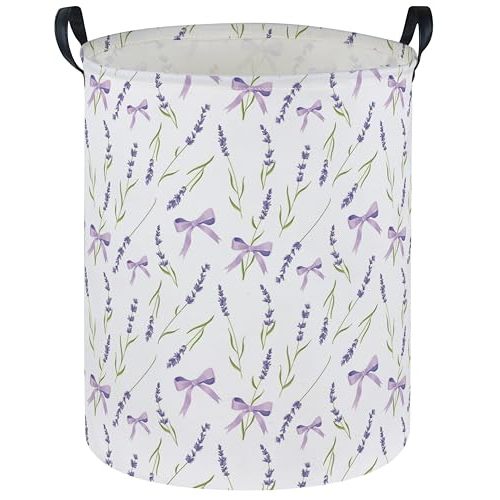 DDBASKET Girls Laundry Basket Flower Hamper for Nursery Bowkont Hamper Cute Kids Storage Bin Organizer Room Decor for Home(Purple flowers)