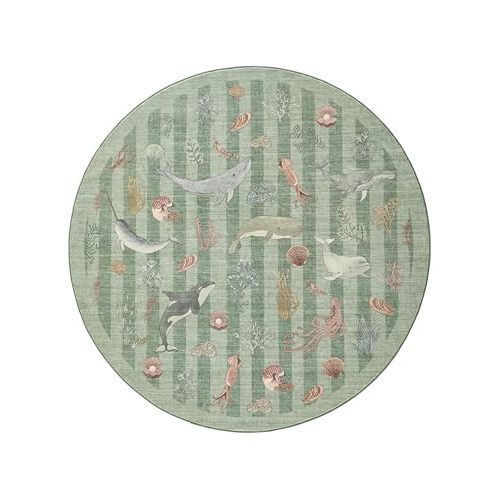 Whales Themed Soft Washable Faux Wool Stain Resistant Rug Rubber Non-Slip Backing for Playroom Bathroom Living Room Bedroom Bedside Beachy Cute Coastal Nautical Nursery Rug (Seagrass, 5' Round)