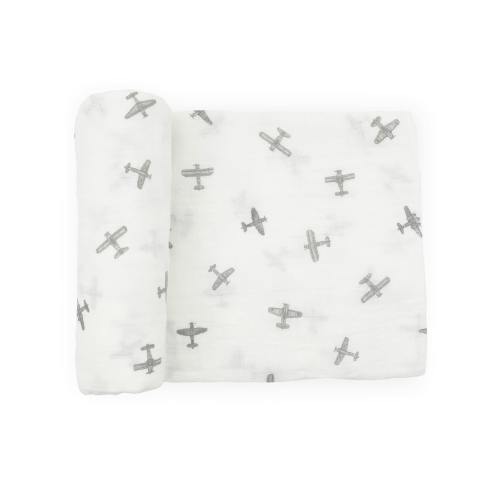 Organic Cotton Muslin Swaddle Blanket - Pewter Planes
