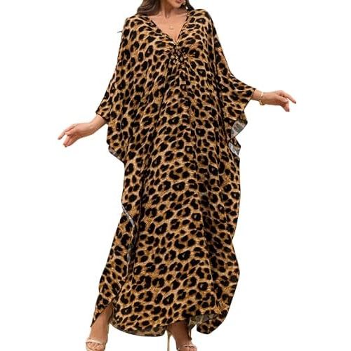Yanziliu Women Kaftan Dresses Plus Size V-Neck Batwing Sleeves Beach Cover Up Summer Floral Print Caftan Dress