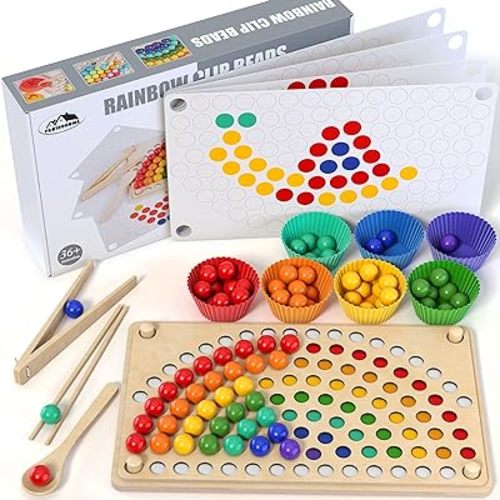 Toddler Wooden Learning Montessori Toys – Wooden peg Board Bead Game Baby Rainbow Stacking Matching Counting Color Sorting Games for fine Motor Math Skills Boys and Girls for 3 4 5 Years Old