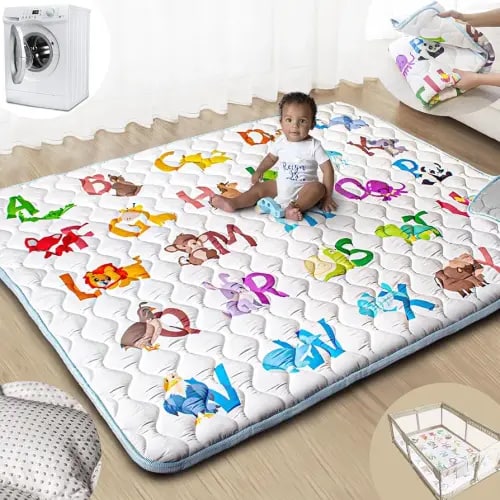Baby Play Mats for Floor, 71”x59” Upgraded Thickness & Larger Super Soft Playmat for Babies and Toddlers, Foldable Washable, Upgrade Anti-Slip Crawling Mat for Playpen(Animal Alphabets)