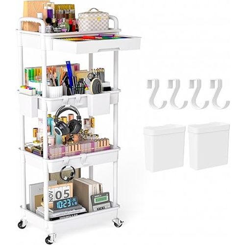 4 Tier Rolling Utility Cart with Drawer, Plastic Storage Organizer Rolling Carts with Wheels Handles Hanging Cups Hooks for Office, Bathroom, Kitchen,Craft Art Room (White)