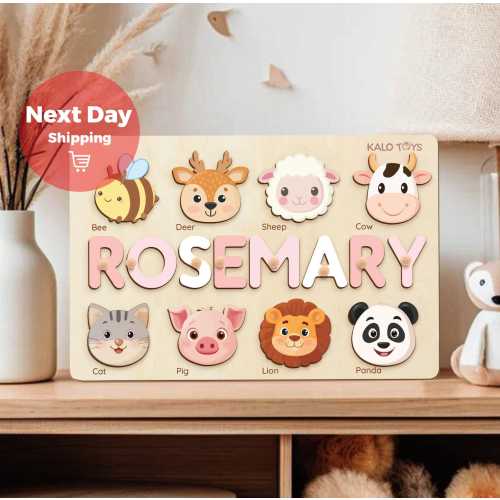 Personalized Name Puzzle with Animals, Custom Baby Girl and Boy Birthday Gift, Emerald Green Toddlers Christmas Gift, Unique Baby Gift, NP53