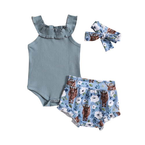 TAIAOJING Toddler Baby Girls Outfits Summer Sleeveless Calf Flower Prints Romper Pants Headbands 3Pcs Cute Clothes Set For 3-6 Months