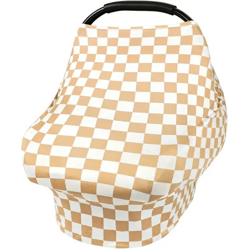TANOFAR Car Seat Cover for Baby, Multi-Use Cover Carseat Canopy, High Stretchy & Breathable Infant Carseat Cover, Shower Gifts for Unisex Boys and Girls (Light Brown Checkerboard)