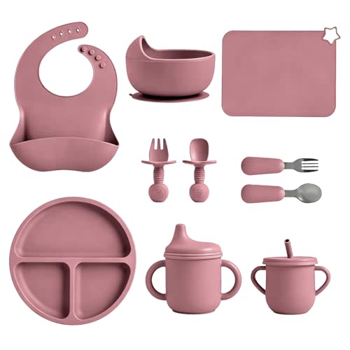 Silicone Baby Feeding Set 10 Pcs, Baby feeding essentials | Include Suction Plate, Bowl, Bib, Placemat, Silicone spoon&forks, Stainless Spoons&forks, straw cup and sippy cup (Pink)