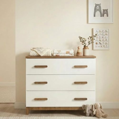 dadada LaLa 3-Drawer Compact Nursery Dresser, Deep Drawers, White/Walnut | Bedroom Dresser, Modern Design, Large Storage, Baby-Safe Finish, Anti-Tip Safety, Sturdy Legs & Solid Wood Handles, 47" Wide