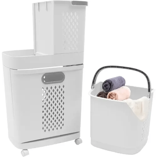 Laundry Basket with Wheels 2 Tier Plastic Rolling Laundry Hamper 3 Section White Mesh Clothes Storage Organizer for Bathroom Living Room Bedroom Nursery Kitchen