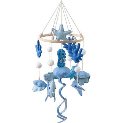 Ocean Blue Jellyfish Theme Crib Mobile,Hand-Sewn Cotton Wooden Nursery Mobile,Baby Mobile Soothing Crib Toys that can be Hung from The Ceiling,Baby Shower Photo Props for Boys