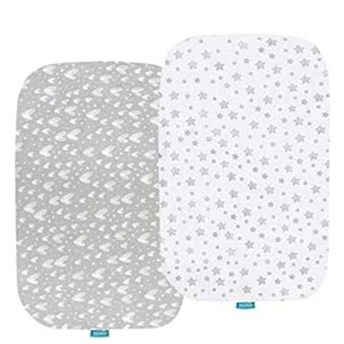 Bassinet Sheets Compatible with Baby Delight Beside Me Dreamer Bassinet, 2 Pack, 100% Jersey Knit Cotton Fitted Sheets, Breathable and Heavenly Soft, Grey and White Print for Baby