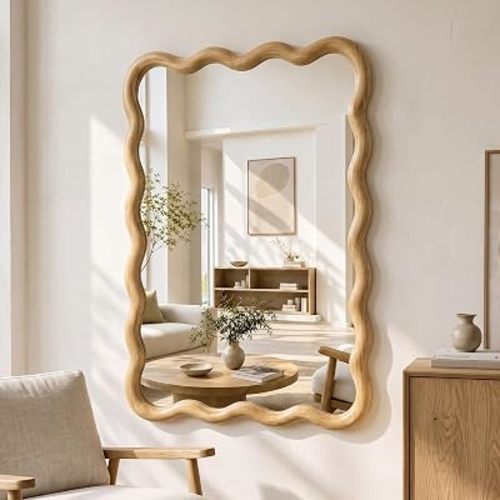 Wavy Solid Wood Mirror Boho Wall Mirror Rectangular, 20"x30"